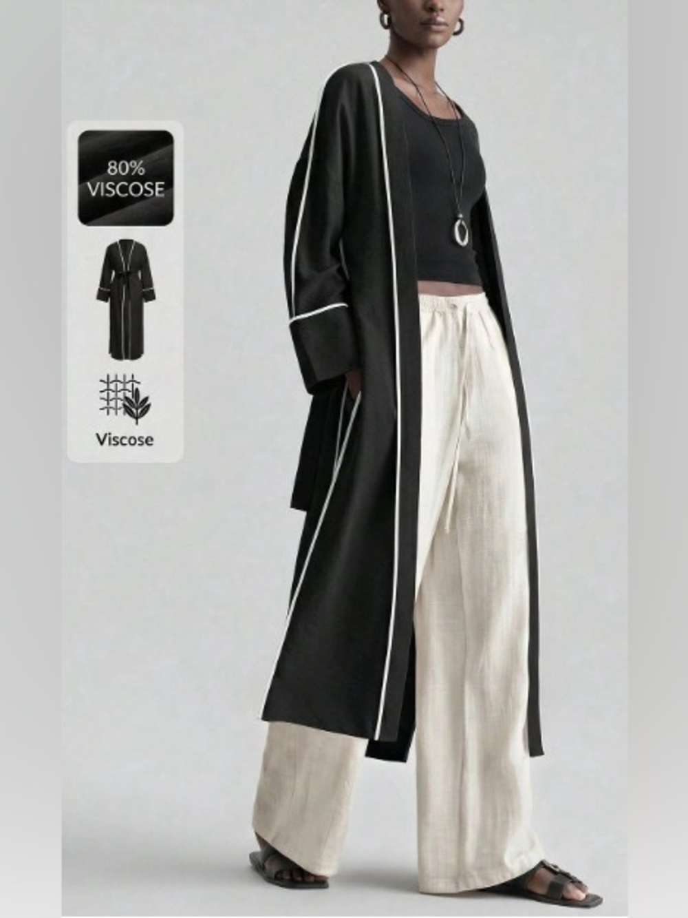 Women’s Long Black Viscose Robe Cardigan with White Trim